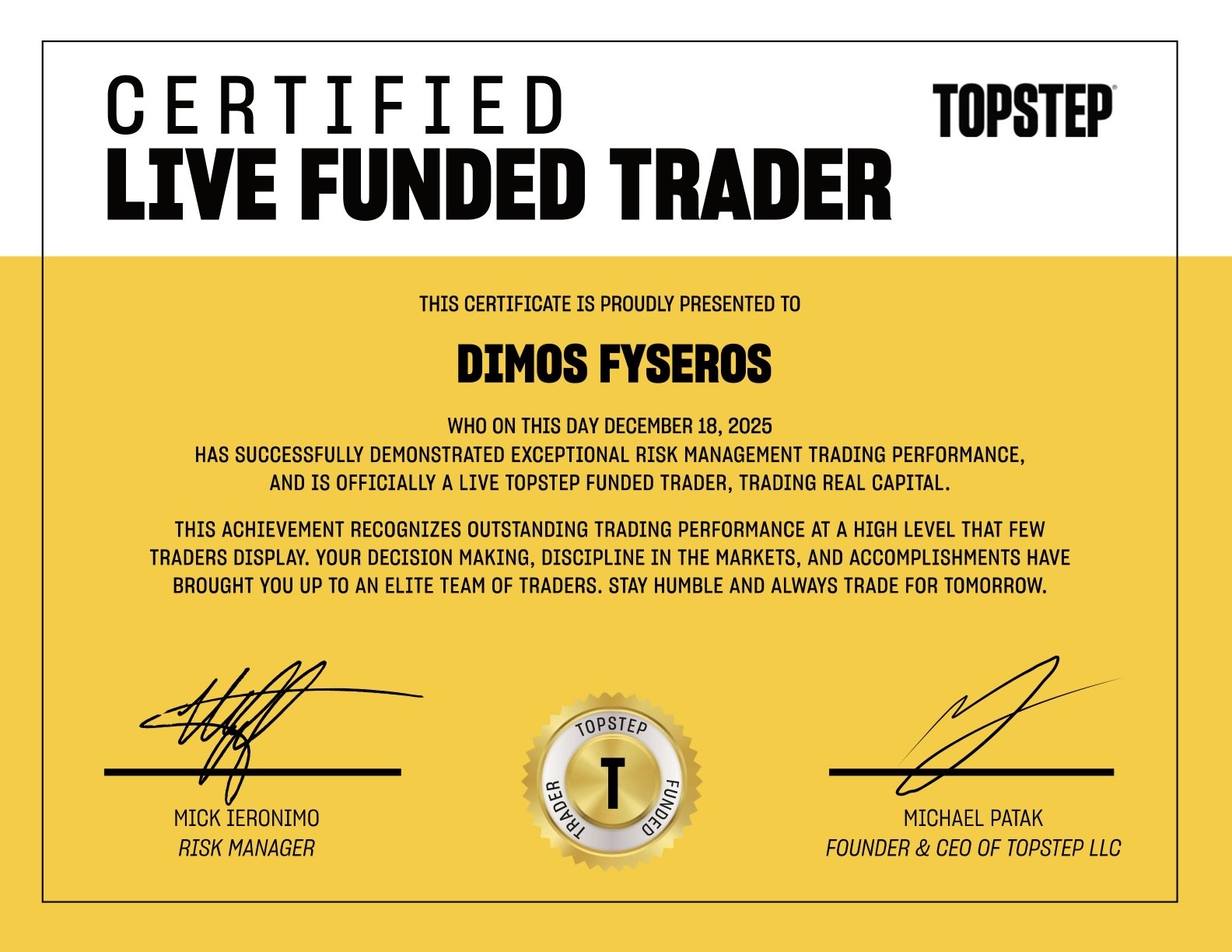 dimos — Topstep Certified Live Funded Trader